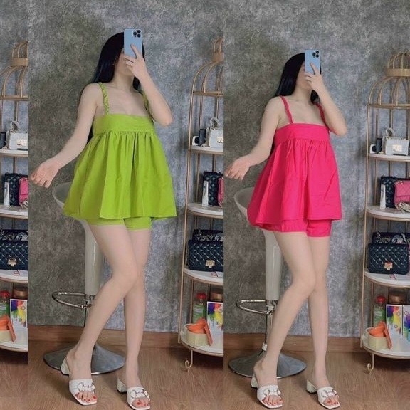 Đồ Bộ Đùi Nữ Mặc Nhà Dạo Phố Set Babydoll 2 Dây Thắt Rết Kèm Sooc Siêu Xinh Chất Thô Mát Màu Đen/Xanh Chuối/Hồng Sen