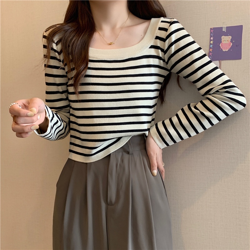 Áo len ZHELIHANGFEI tay dài họa tiết kẻ sọc thời trang dành cho nữ