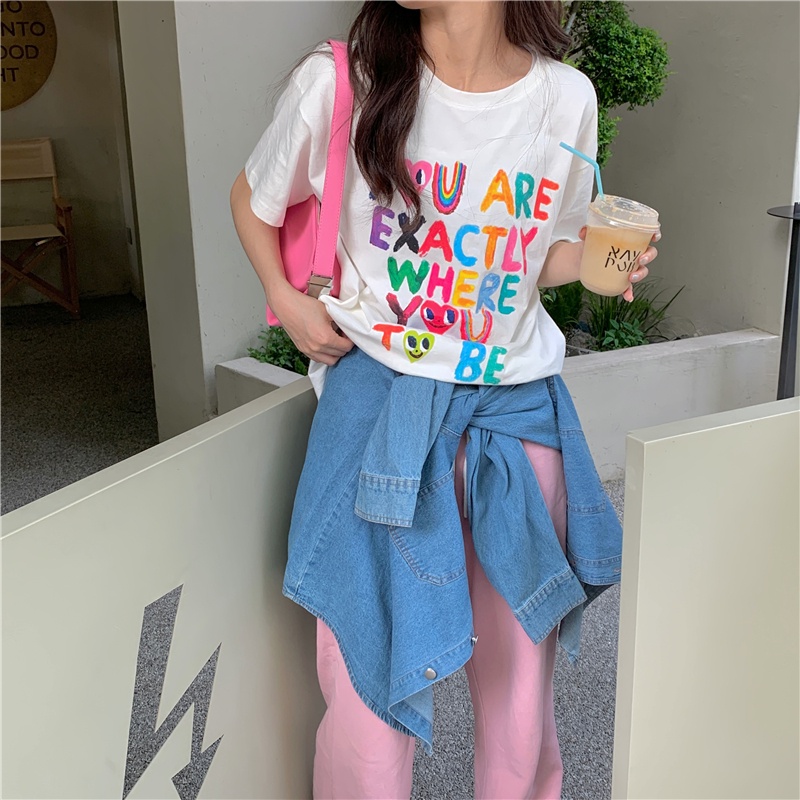 SUXI Women's Summer Letter Print Round Neck White Loose Short Sleeve T-shirt