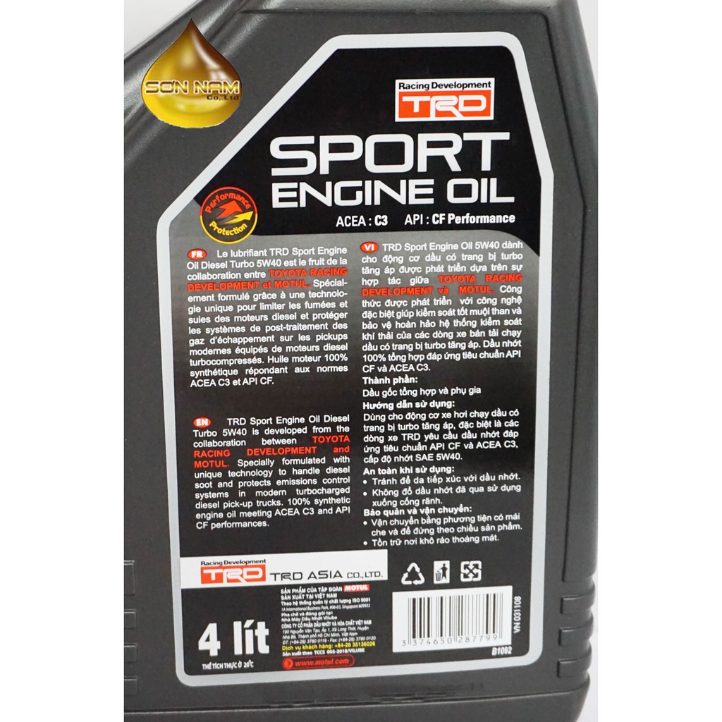 Nhớt Motul ô tô TRD sport engine 5W40 acea C3 api CF 100% tổng hợp 4L máy dầu