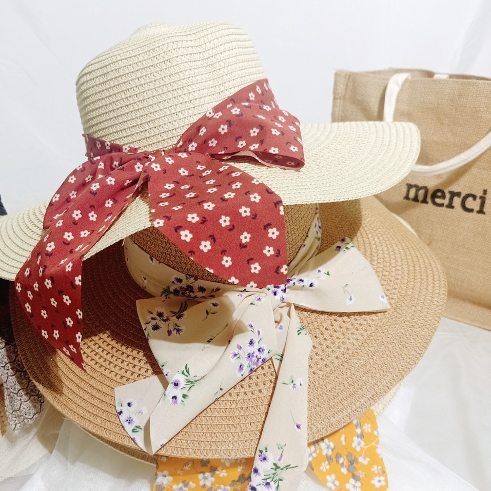 Nón cói/mũ cói nữ đi biển vành rộng phối nơ voan to sang chảnh hình chụp thật-vành rộng nơ voan