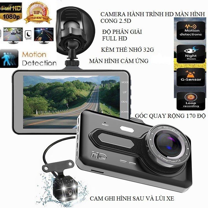 Camera hành trình ô tô màn hình cảm ứng - ghi kép trước và sau full HD