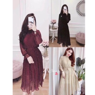 Đầm bầu suông dài xếp li chấm bi dài tay màu đỏ,đen,kem