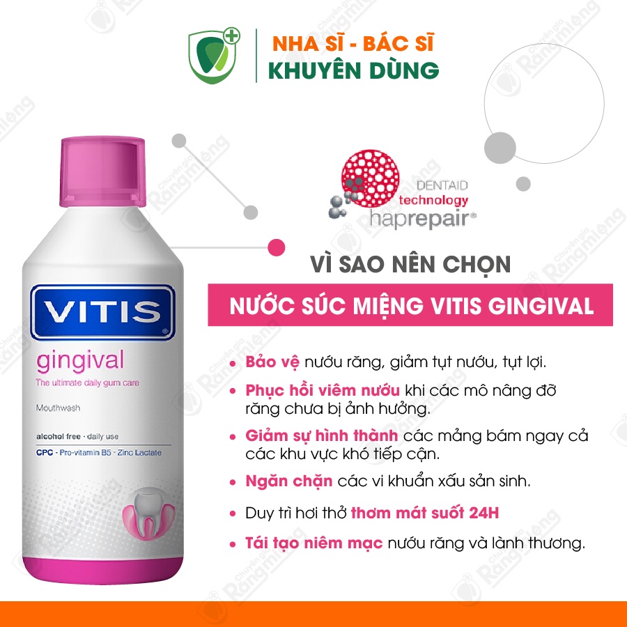 Nước súc miệng bảo vệ lợi, nướu VITIS Gingival, Giảm tình trạng tụt nướu, tụt lợi, Không Cay, Không Cồn, Chai lớn 500ml