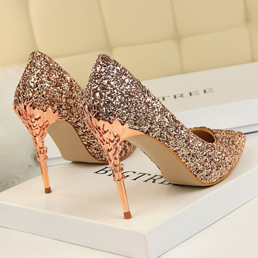 2021 New Crystal Sequined Bridal Wedding Shoes Silver High Heels Women's Stiletto Heel All-Match Pointed Dress Pumps