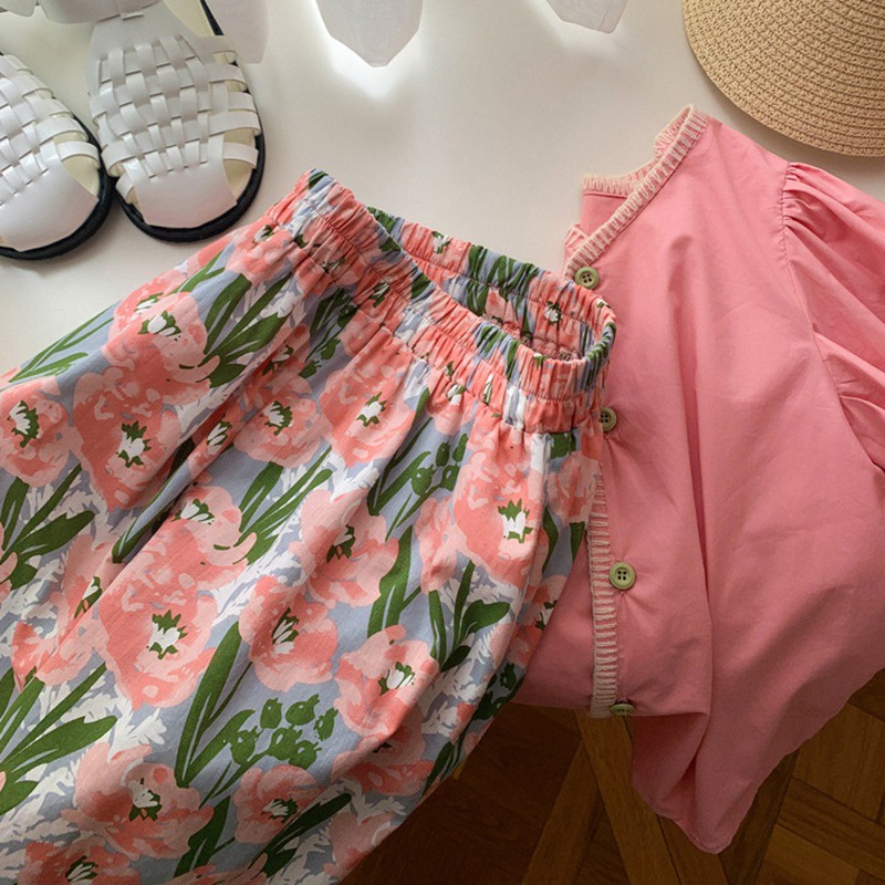 Set Áo Sơ Mi Tay Ngắn Phồng Phối Quần Short In Hoa Phong Cách Hàn Quốc Thời Trang Mùa Hè Cho Bé Gái
