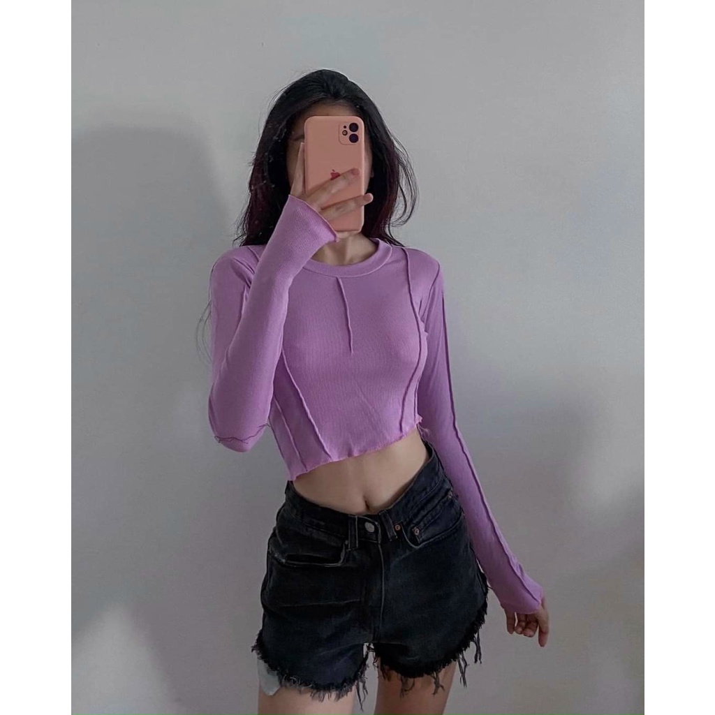 Áo Croptop Vạt Bầu Viền Chỉ Nổi Tay Dài A5255