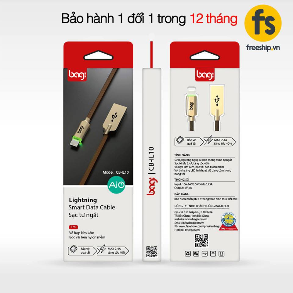 Sạc iPhone tự ngắt khi đầy, hỗ trợ đèn leb báo sạc Bagi IL10