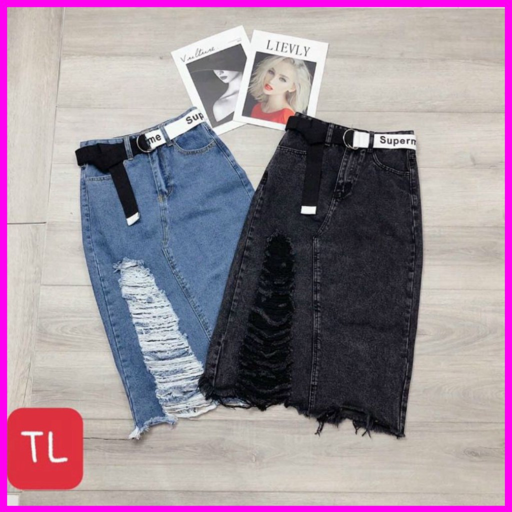 -- CHÂN VÁY BÒ🍀Chân váy jean dài mài rách cạp cao chuẩn phom dáng🍀Free ship