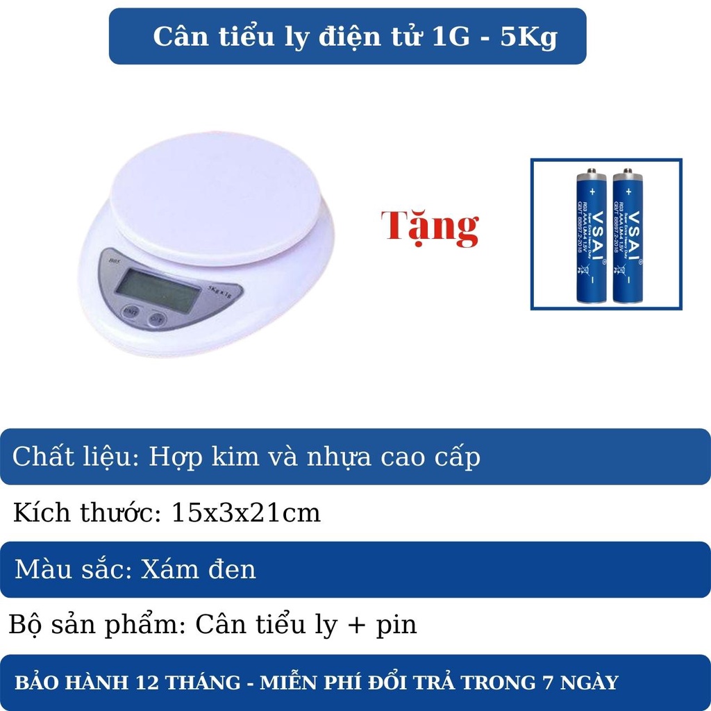 Cân tiểu ly điện tử mini định lượng 1g - 5kg làm bán chínhh xác cao