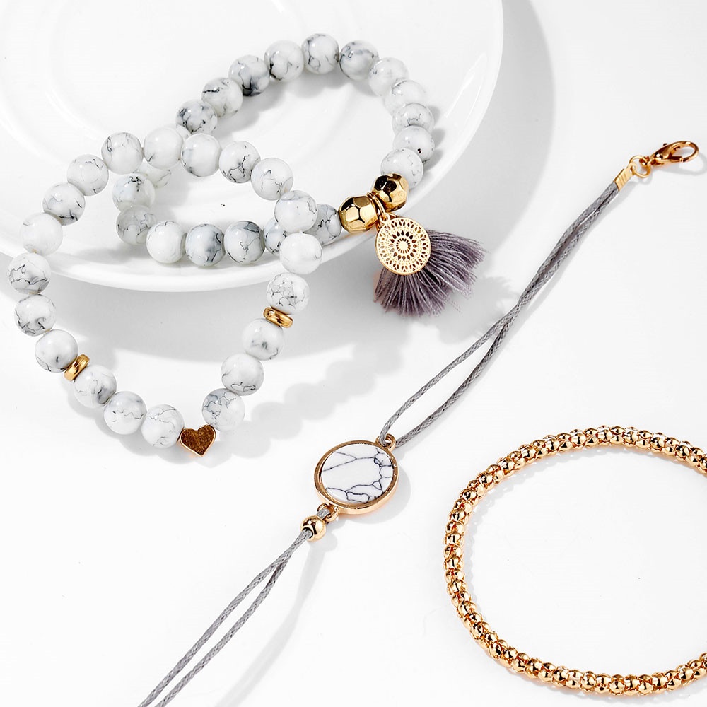 Set 4 Vòng Tay Chuỗi Hạt Phối Tua Rua Phong Cách Bohemian