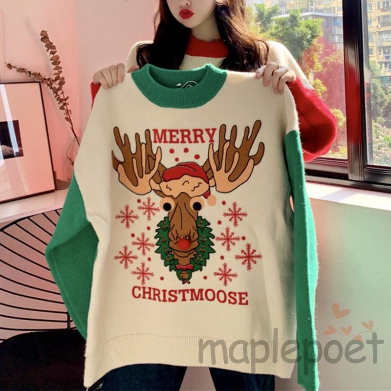 Áo sweater dáng rộng chui đầu cổ tròn tay dài in họa tiết chữ và tuần lộc Giáng sinh đơn giản cho nữ
