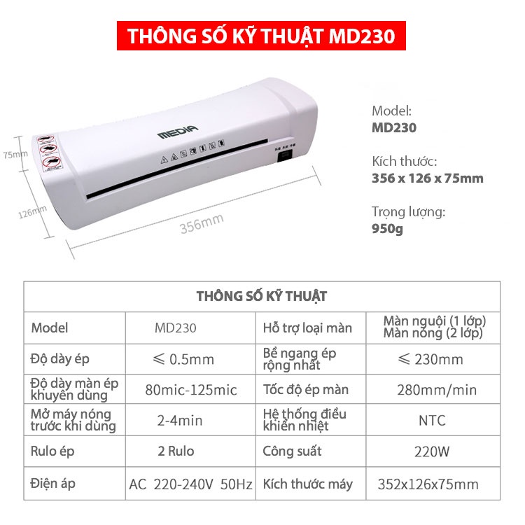 Máy Ép Nhựa Dẻo, Máy Ép Màng Plastic Media MD230 Khổ Ép A4