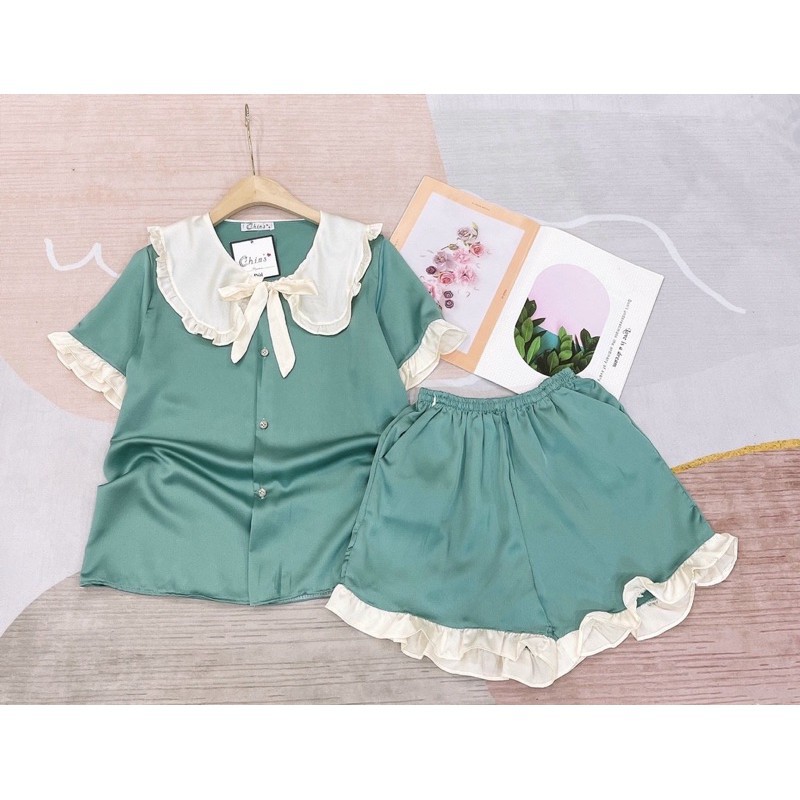 Đồ Ngủ💖Đồ Bộ Pijama Lụa Áo Cộc-Quần Sooc Chất Liệu SaTin Phối Bèo Cổ Nơ | BigBuy360 - bigbuy360.vn