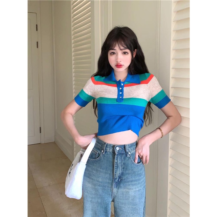 Cocory vn Áo Croptop Dệt Kim Tay Ngắn Cổ Polo Họa Tiết Kẻ Sọc Thời Trang Quyến Rũ Cho Nữ
