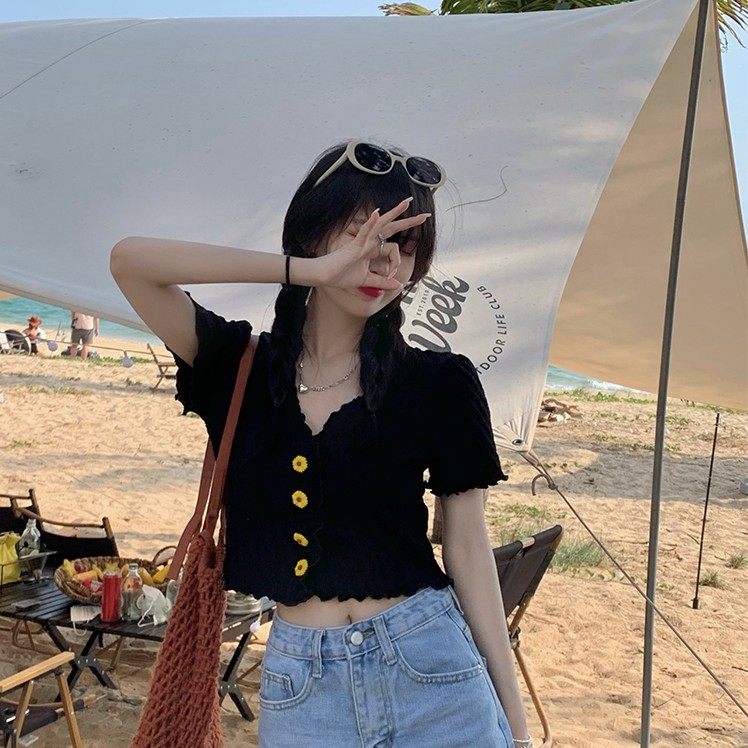 Áo Croptop Tay Ngắn Cổ Chữ V Màu Trơn Thời Trang Đáng Yêu Cho Nữ