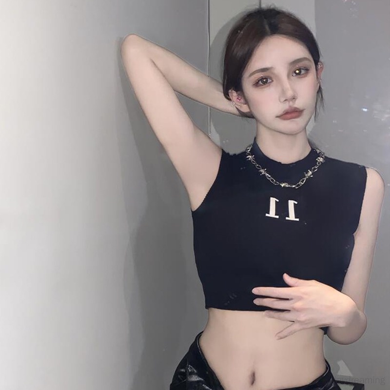 Áo Croptop Dệt Kim Sát Nách Màu Trơn In Chữ Thời Trang Cho Nữ