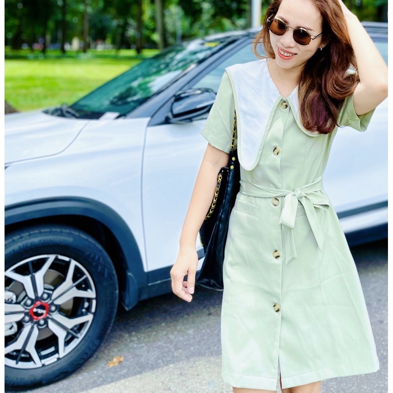 (SALE)Váy suông dáng bút chì màu xanh mint, cổ cách điệu, dây thắt luưng và 2 túi tiện lợi. Đầm tay ngắn có nút doc thân