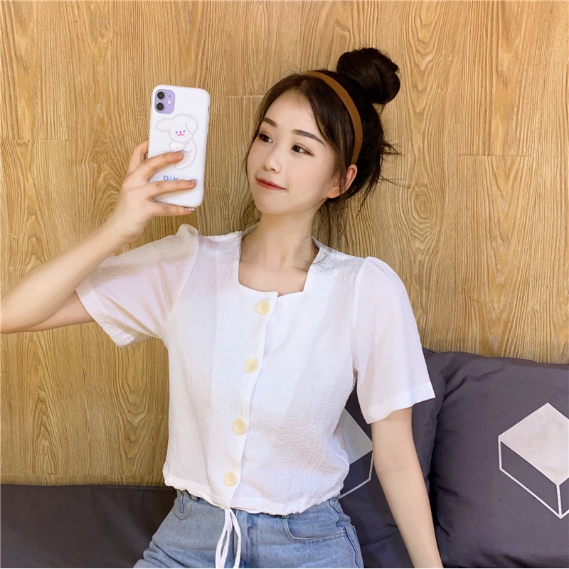 Áo Sơ Mi Tay Ngắn Cổ Vuông Màu Trơn Phong Cách Hàn Quốc