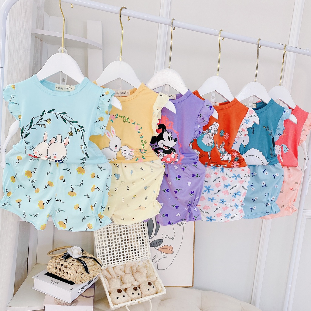 Bộ cánh tiên quần bí in hoa thun lạnh in hình cho bé gái từ 7-19kg
