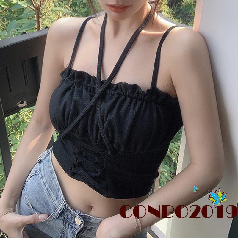 Áo hai dây Cổ Thuyền Hở Rốn Màu Trơn Thời Trang Gợi Cảm Cho Nữ