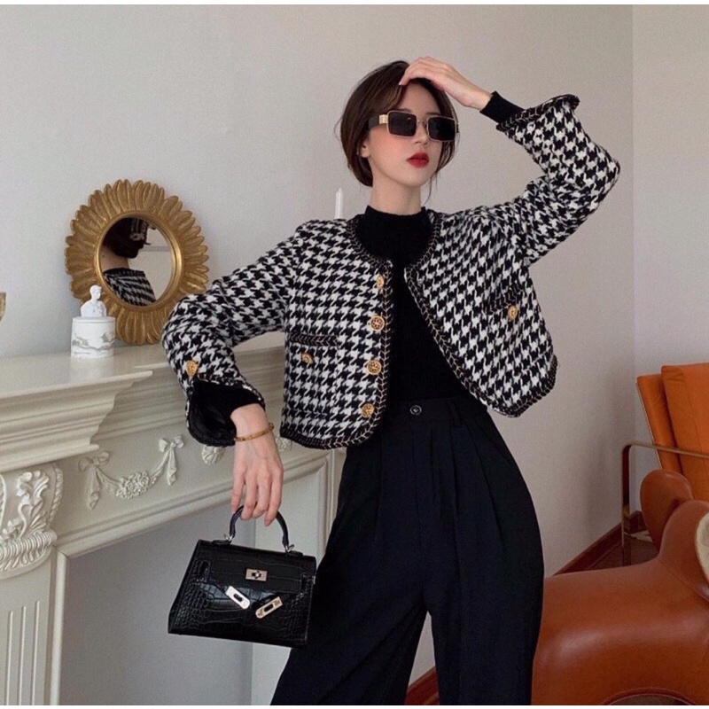 Áo khoác blazer tweed croptop hoạ tiết houndstooth dài tay