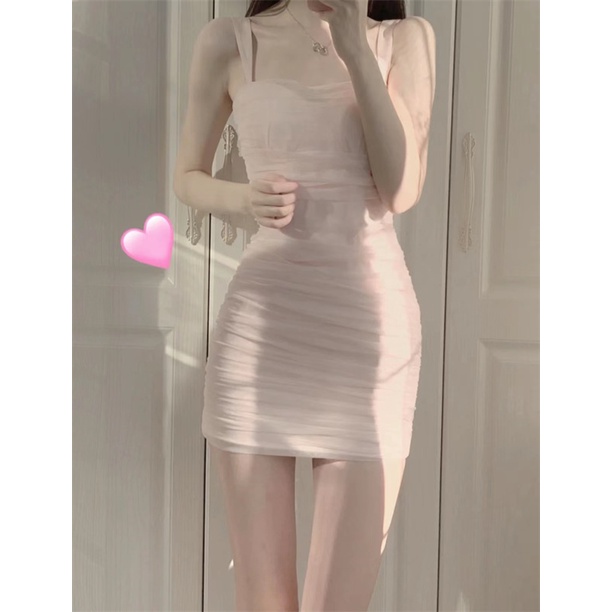 Váy hai dây ôm body nữ trắng hồng kết hợp lớp vải voan mỏng nhẹ