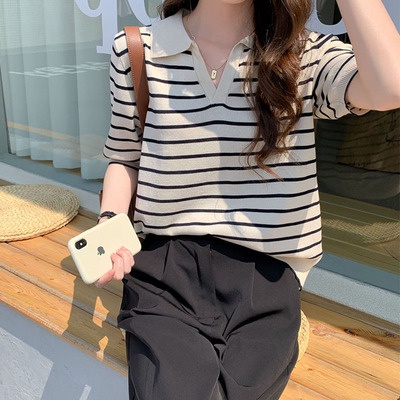 Áo Dệt Kim Thun Ngắn Tay Dáng Rộng Kẻ Sọc Kiểu Hàn Quốc Thời Trang Mùa Hè Cho Nữ | BigBuy360 - bigbuy360.vn
