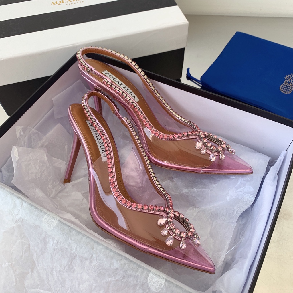 Giày cao gót nữ da thật thời trang cao cấp Aquazzura thiết kế đính viền đá sang trọng, thời thượng