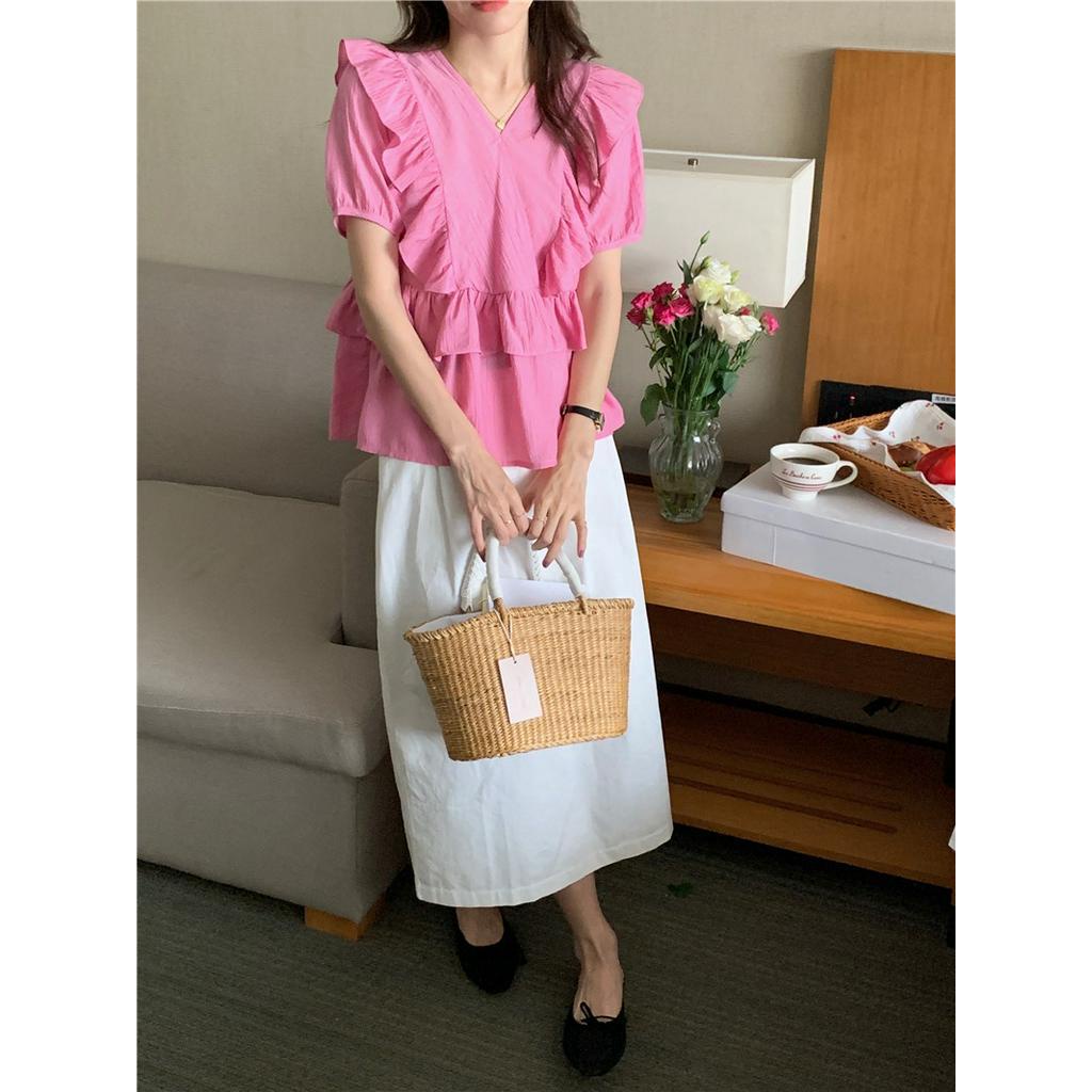 Áo Sơ Mi Nữ Cổ Chữ V Tay Ngắn Xếp Li 51490