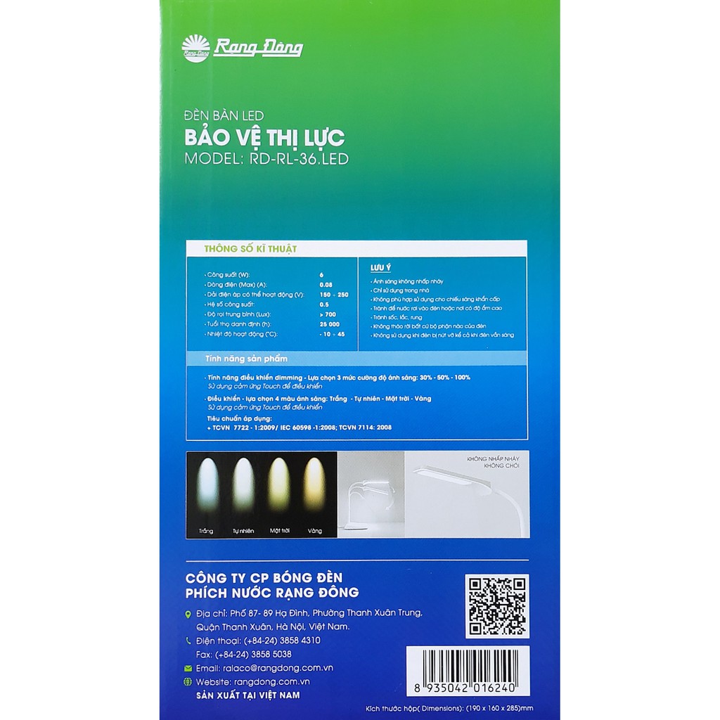Đèn bàn cảm ứng 6W LED Rạng Đông RL-36.LED 4 nhiệt độ màu, 3 mức sáng