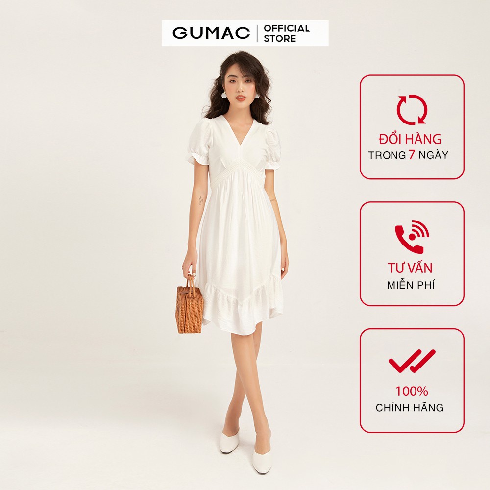 Đầm ôm nữ GUMAC cá tính cổ V lai bèo, màu trắng đủ size, đơn giản DB125