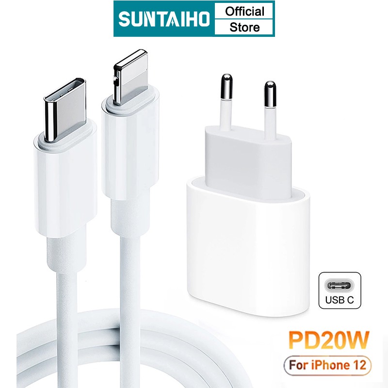 Bộ Cáp Sạc Nhanh + Cốc Sạc Suntaiho PD 18W/20W USB Type C Phích Cắm US EU Dành Cho iPhone 12 mini 11 Pro