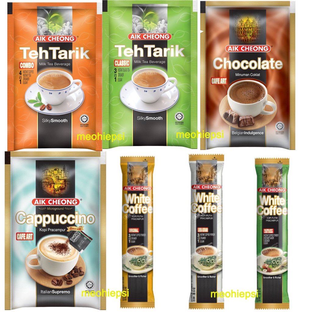 Combo 10 gói lẻ trà sữa teh tarik - White coffee - Capuchino - Chocolate Aik Cheong