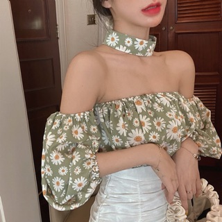 Áo hoa cúc nhỏ bẹt vai / kèm chocker / áo bẹt vai hoa cúc