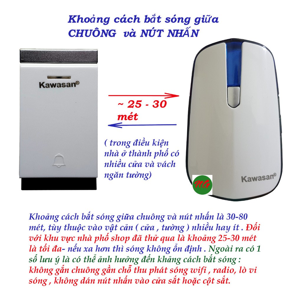 Bộ chuông cửa - 3 CHUÔNG không dây có nút nhấn chống nước và không dùng pin KAWASAN DB818