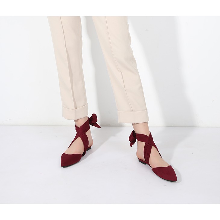 Giày búp bê gót buộc vải nơ 2 màu đỏ đô, kem | BigBuy360 - bigbuy360.vn