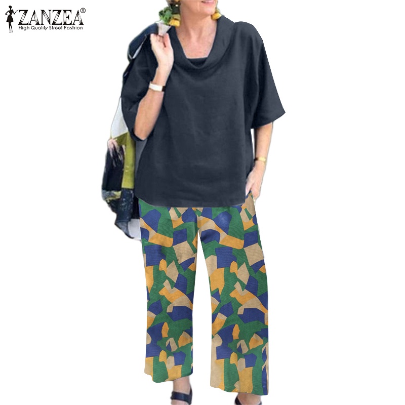 Zanzea Set Áo Cổ Lọ Tay Lỡ Họa Tiết Hình Học Kèm Quần Dài Lưng Thun Cao Thời Trang
