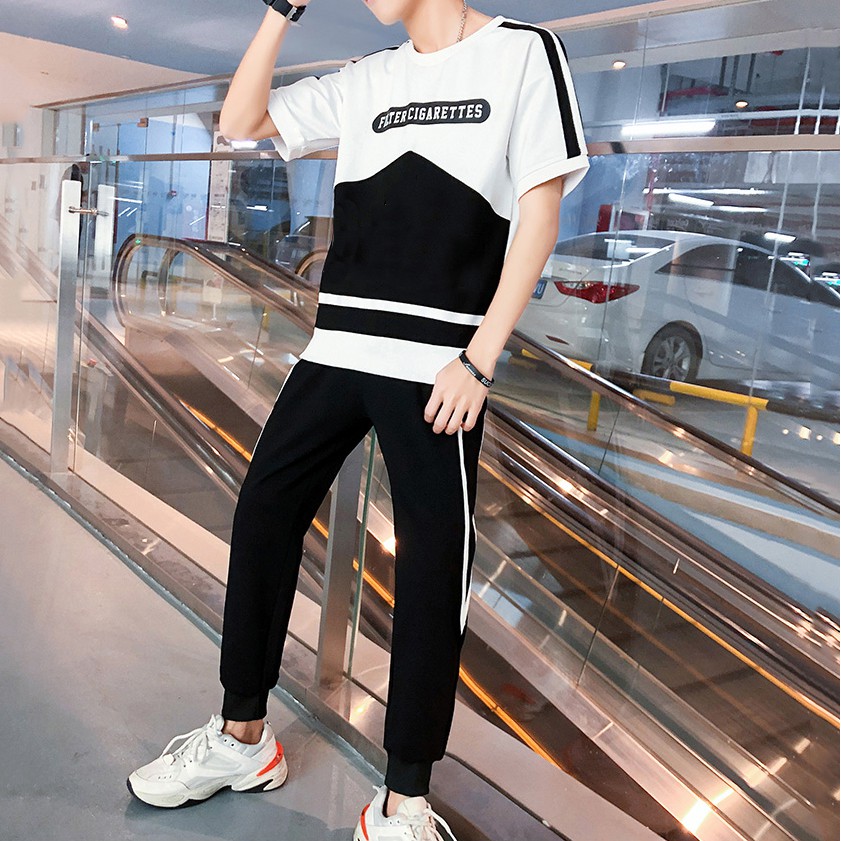 Bộ Quần Áo Thun Nam Ngắn Tay Phối Hai Màu Đen Trắng Quần Dài Phối Sọc Thời Trang Đường Phố SET NAM 90000110C2 | BigBuy360 - bigbuy360.vn