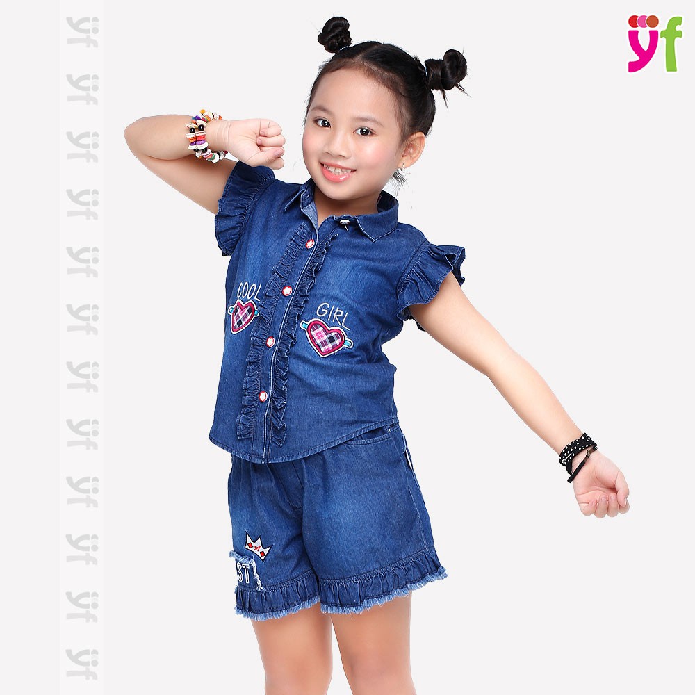 Áo bé gái tay bèo YF, vải jean cotton, đủ size 12-55KG 9AX534
