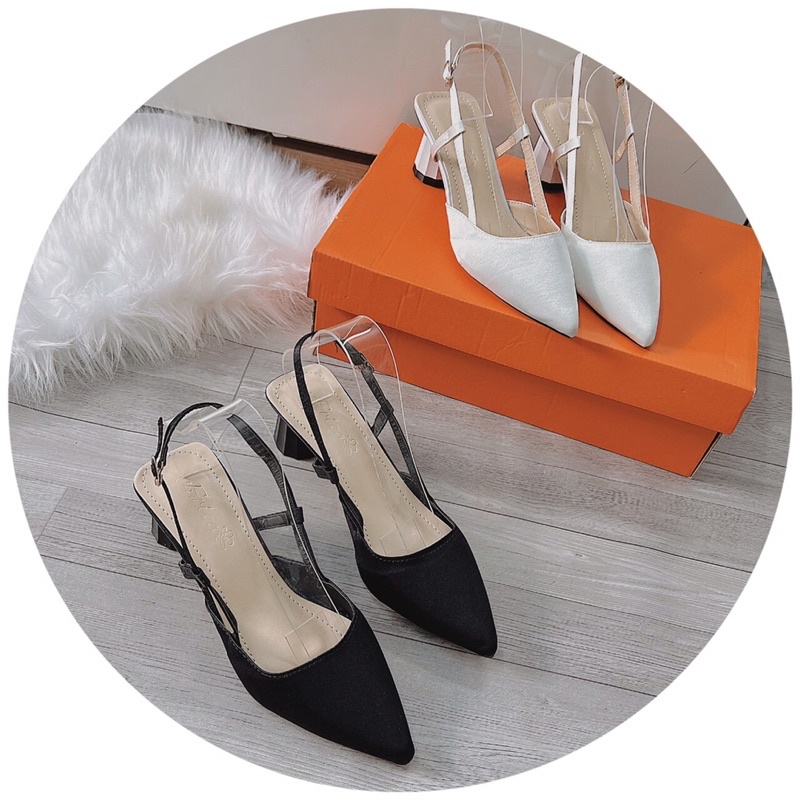 Giày sandal cao gót mũi nhọn Lụa trơn gót trụ 5cm xinh xắn