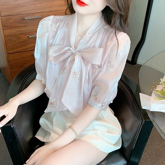 Áo Kiểu Chiffon Tay Ngắn Cột Nơ Thêu Họa Tiết Lãng Mạn Thời Trang Mùa Hè Cho Nữ
