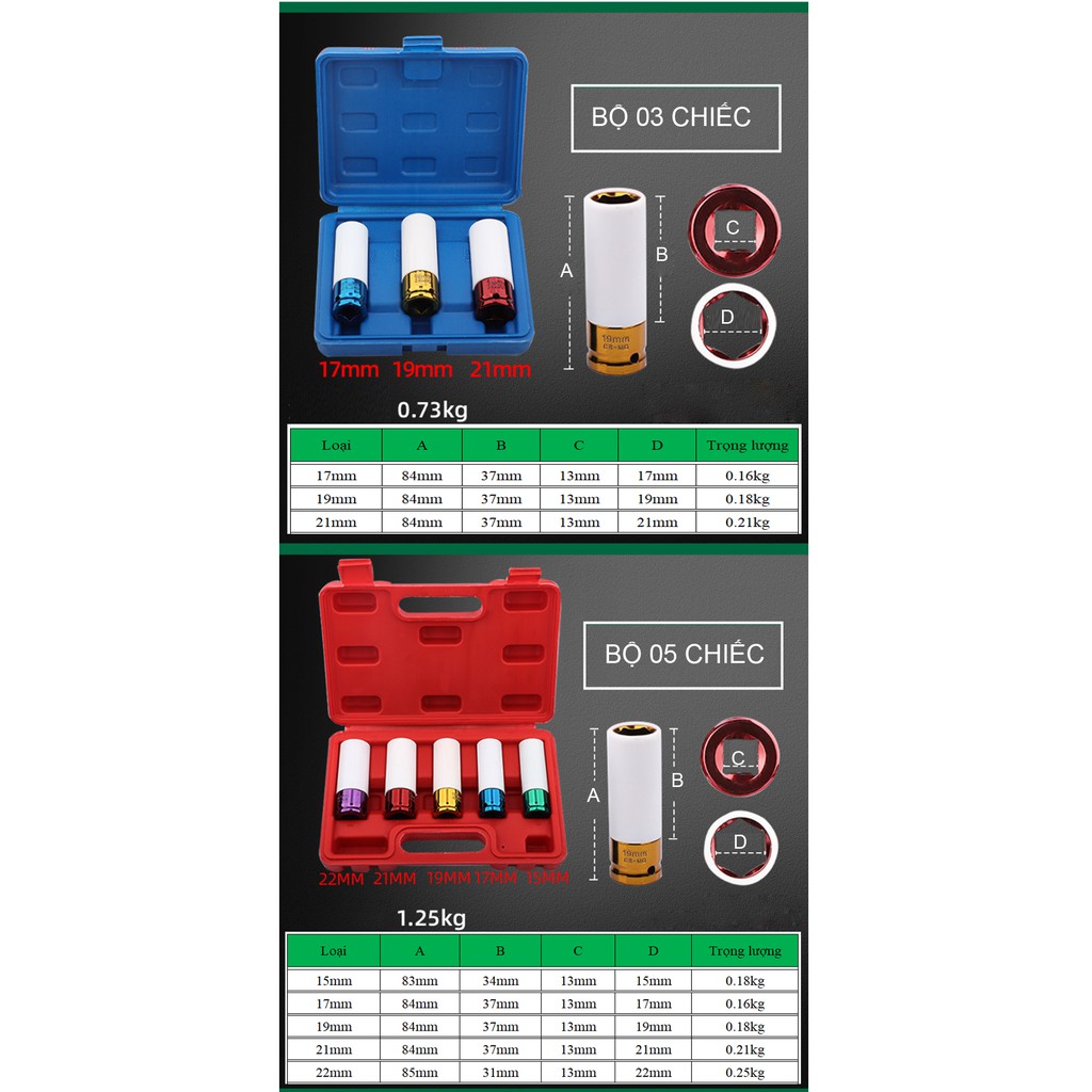 Bộ tháo đai ốc bánh xe ô tô, Ổ Cắm Đai Ốc Lốp mâm bánh xe ô tô bộ 3 chiếc, bộ 5 chiếc nhiều màu TUOSEN