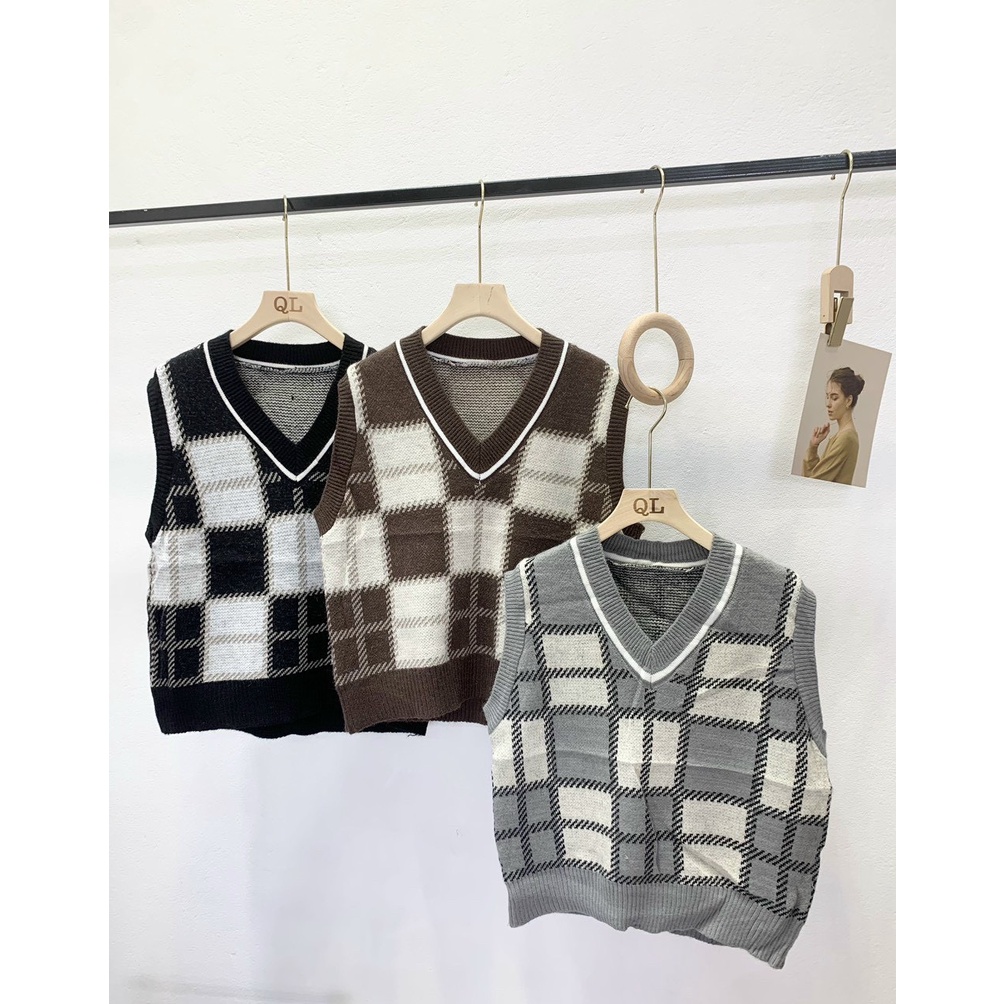 Áo gile hoạ tiết ô vuông áo len thổ cẩm chất đẹp Lizhouse