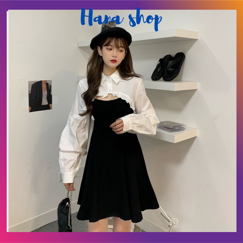 Set váy áo croptop áo sơ mi nữ bèo trắng dài tay mix váy 2 dây body đầm xòe công sở thời trang nữ N61