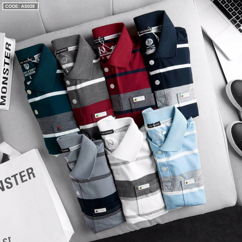 ÁO THUN NAM SỌC KẺ CỔ BẺ NGẮN TAY CÓ TÚI CAO CẤP