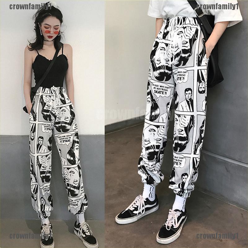 {crownfamily1} Mens Womens Comic Printed Casual Loose Hip Hop Harajuku Sport Pants Streetwear