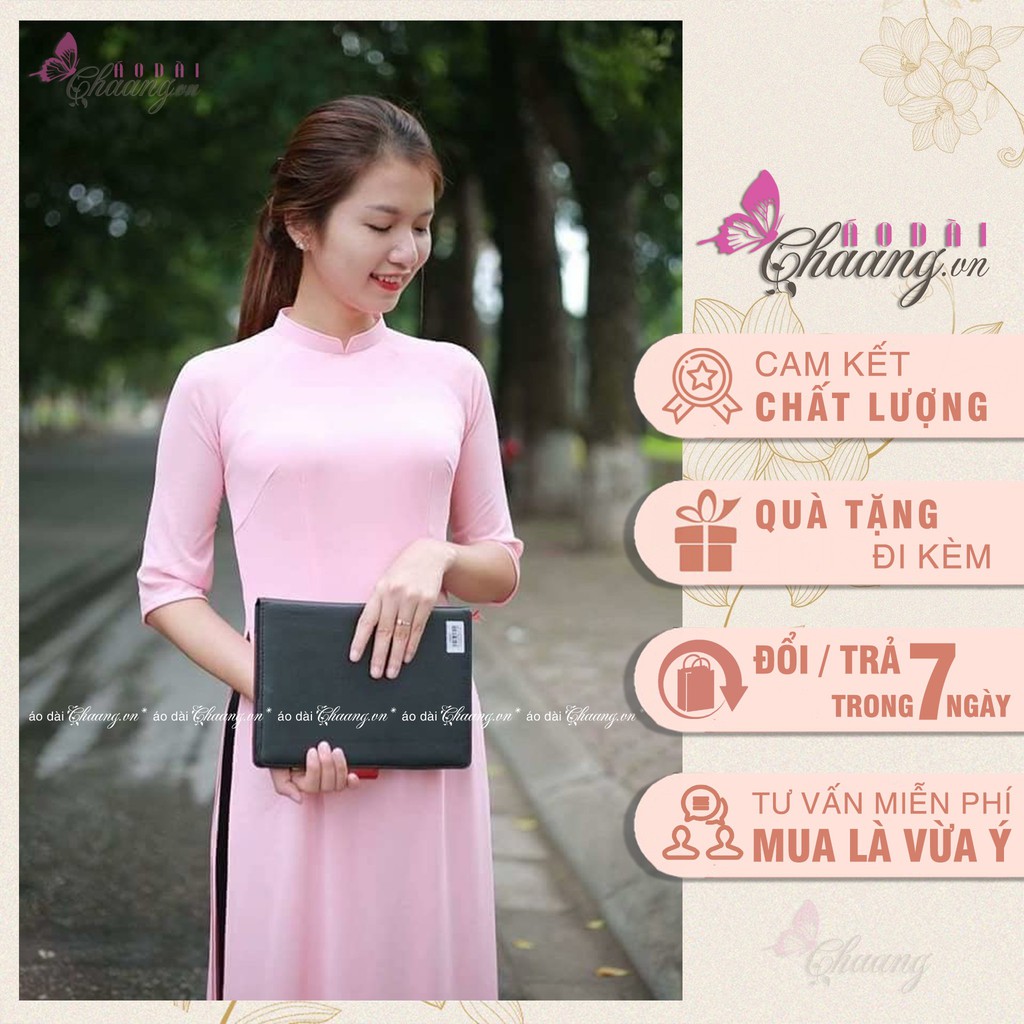 Áo dài hồng phấn_Chaang_May sẵn áo truyền thống cổ vuông tay lỡ, đính ngọc, vải lụa
