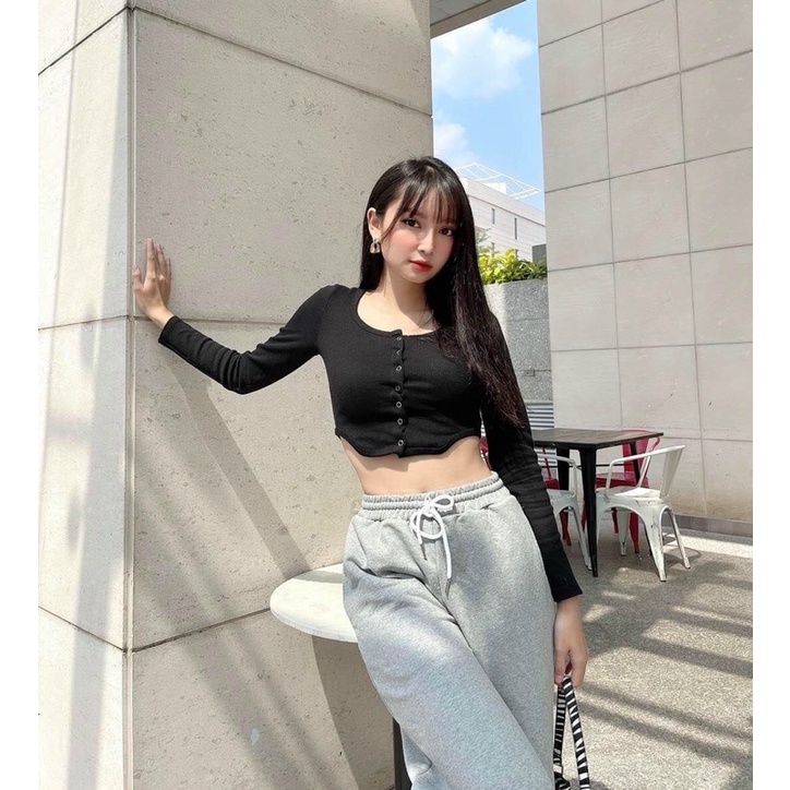 Áo Thun Gân Tay Dài Vạt Kiểu Croptop