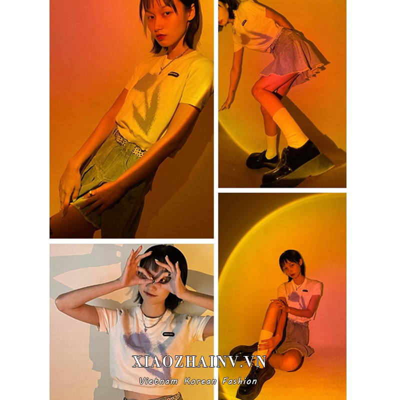 Áo croptop XIAOZHAINV dệt kim tay ngắn hoạ tiết hoa nữ tính thời trang